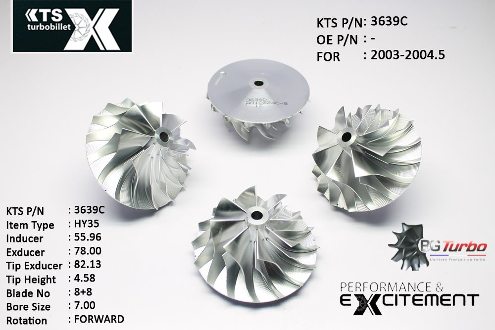 Turbo ROUE FORGÉE MFS PERFORMANCE - 8+8 PALES - INDUCER : 55,96 - EXDUCER : 78 - TYPE : HY35ANGLE : 45° - ROTATION : Forward - SUPER BACK : 5,09 - BORE SIZE : 7
